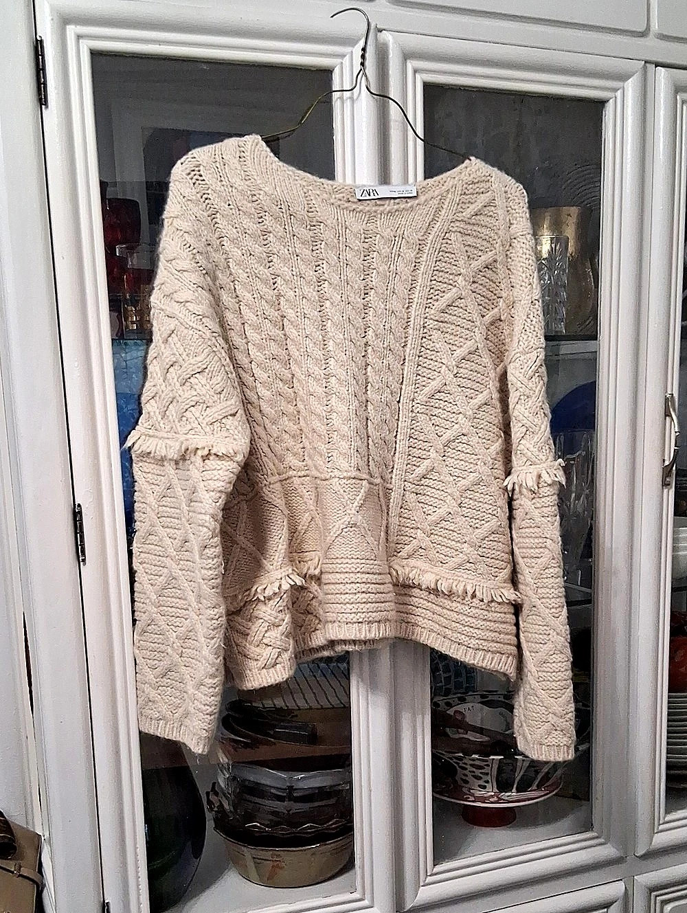 Zara Textured Fringe Knit Sweater Cream Size Medium